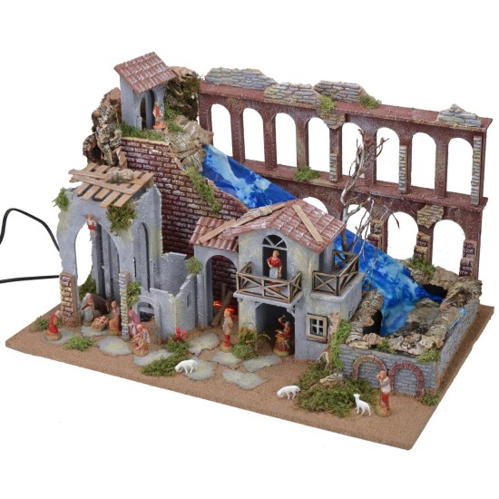Nativity scene with functioning aqueduct, waterfall and fire