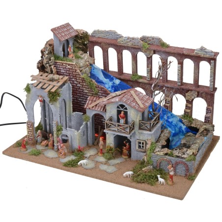 Nativity scene with functioning aqueduct, waterfall and fire