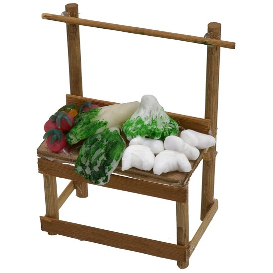Banco de verduras en cera 6x3,5x8,5 h. Mundo Pesebres