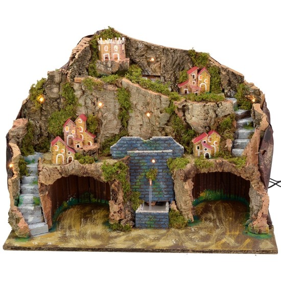 Pesebre iluminado con fuente funcional y cueva para estatuas