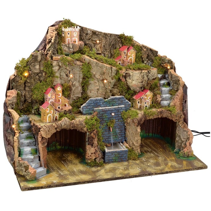 Illuminated nativity scene with working fountain and cave for statues