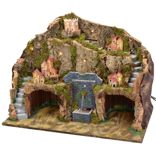 Pesebre iluminado con fuente funcional y cueva para estatuas