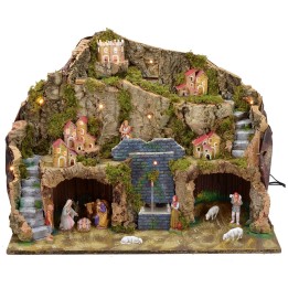 Illuminated nativity scene with working fountain and complete grotto