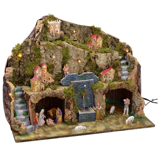 Illuminated nativity scene with working fountain and complete grotto