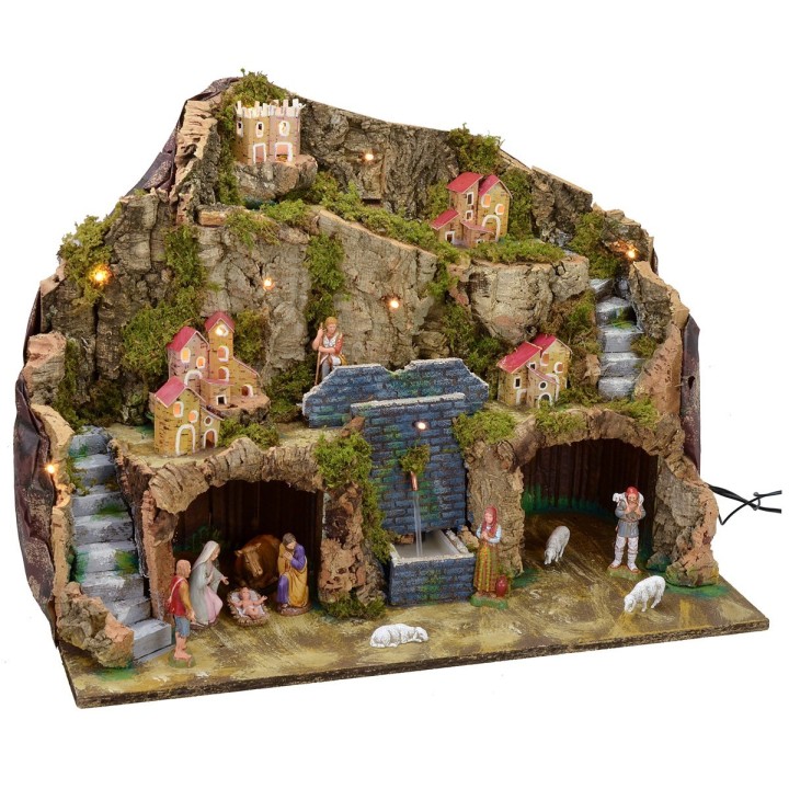 Illuminated nativity scene with working fountain and complete grotto