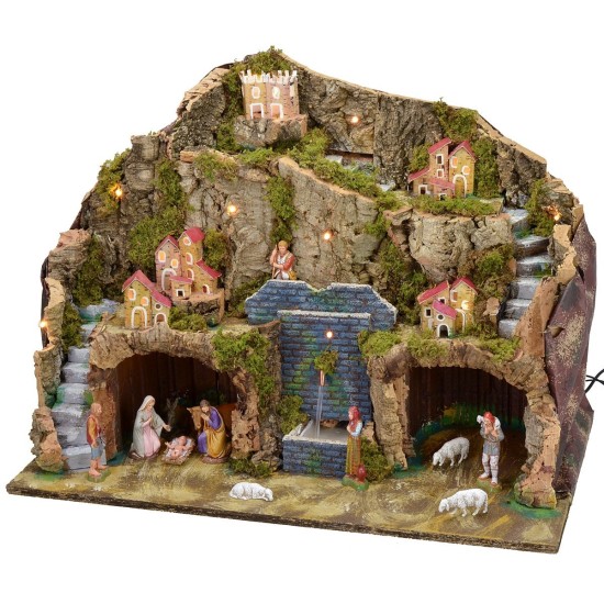 Illuminated nativity scene with working fountain and grotto complete with