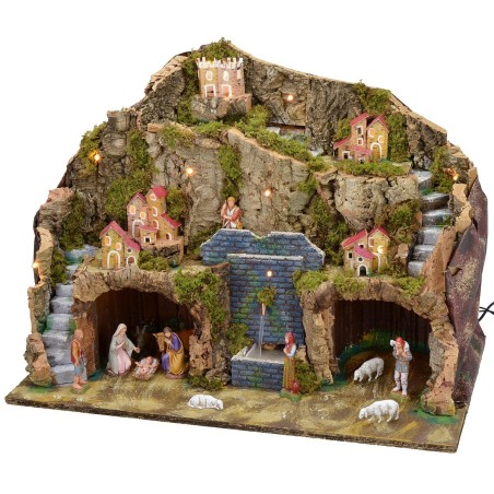 Presepe illuminato con fontana funzionante e grotta completo di