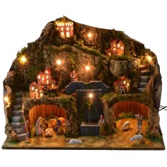 Illuminated nativity scene with working fountain and grotto complete with 2