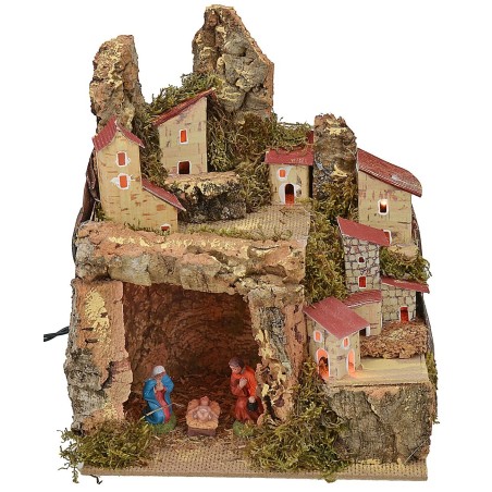 Belén iluminado con paisaje y cueva completa de Natividad de