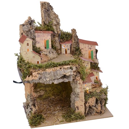 Belén iluminado con paisaje y cueva cm 20x14x25 h