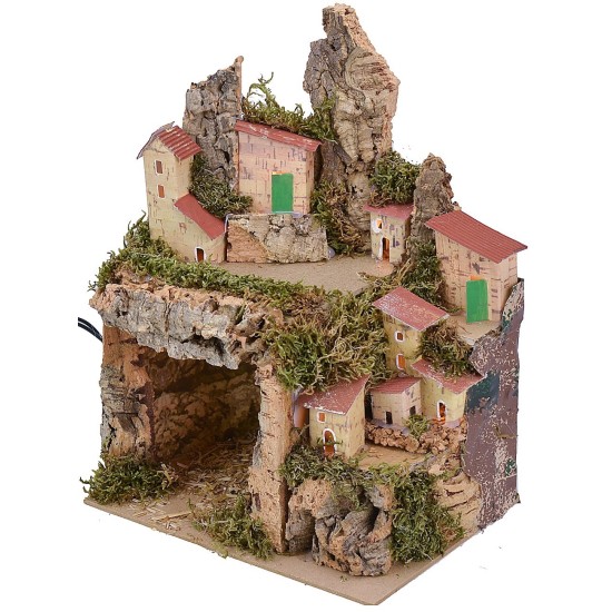 Presepe illuminato con paesaggio e grotta cm 20x14x25 h Mondo