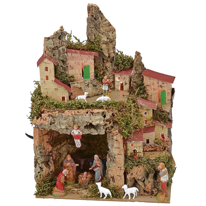 Illuminated nativity scene with grotto complete with Landi Nativity