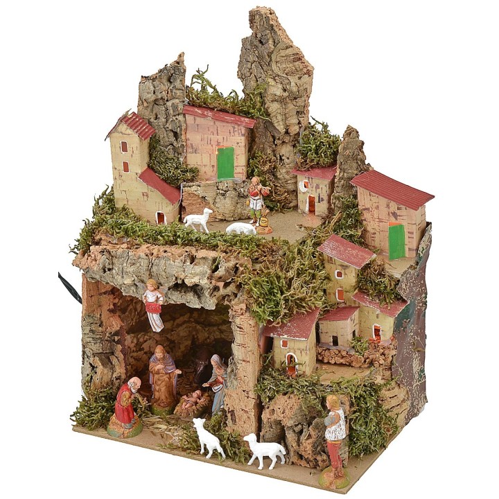 Illuminated nativity scene with grotto complete with Landi Nativity