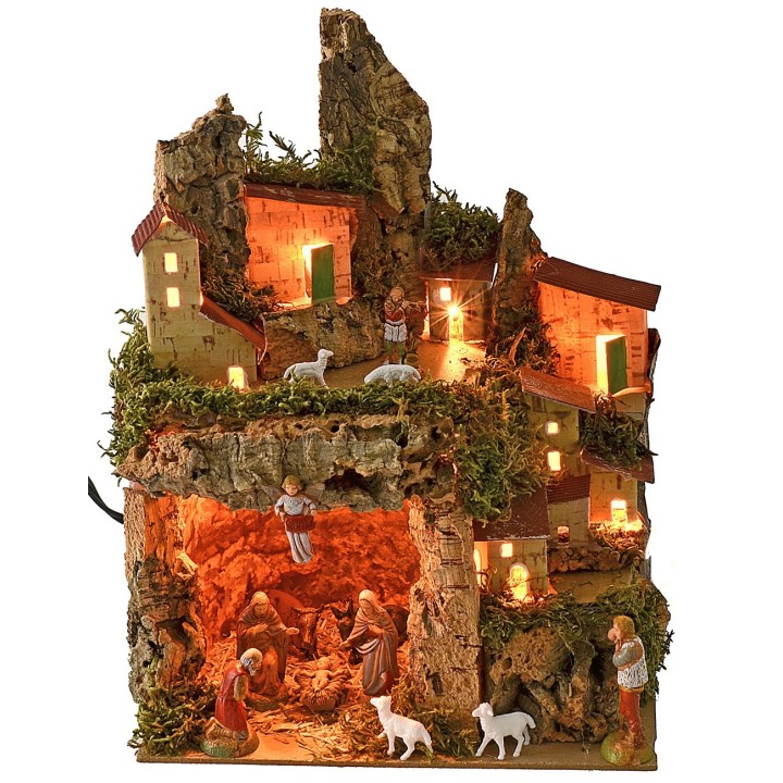 Illuminated nativity scene with grotto complete with Landi Nativity