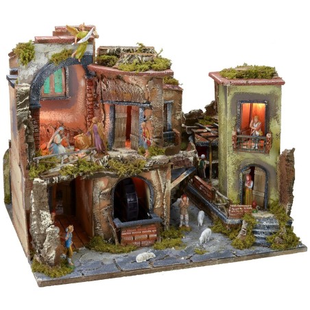 Presepe completo di statue con borgo illuminato, forno e