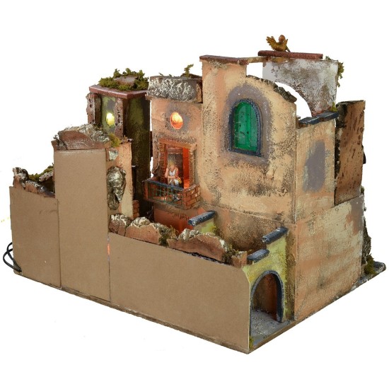 Presepe completo di statue con borgo illuminato, forno e