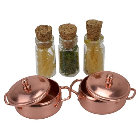 Set 3 vasetti con spezie e 2 pentole miniature presepe