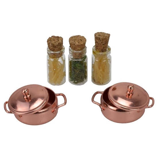 Set of 3 jars with spices and 2 miniature nativity pots