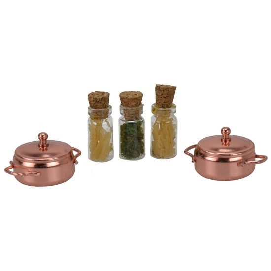 Set 3 vasetti con spezie e 2 pentole miniature presepe