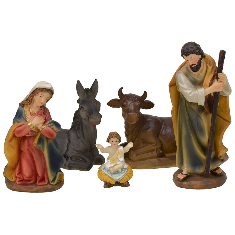 Natività 5 soggetti con Gesù seduto in resina serie 15 cm