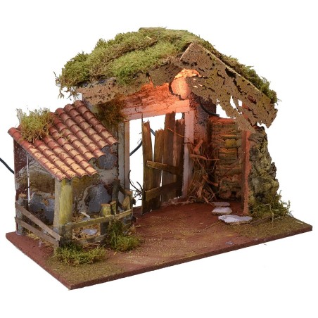 Cabaña para belén iluminada con recinto de 50x36x36 cm h