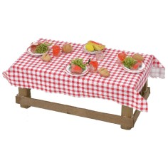 Wooden table with tablecloth and dishes cm 16.5x7x6.5 h 2