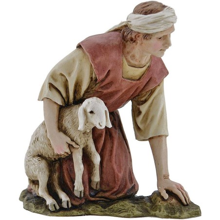 Shepherd kneeling with lamb Landi Moranduzzo 15 cm in resin