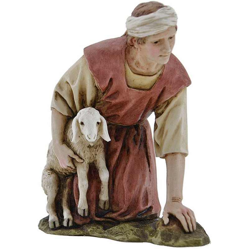 Shepherd kneeling with lamb Landi Moranduzzo 15 cm in resin