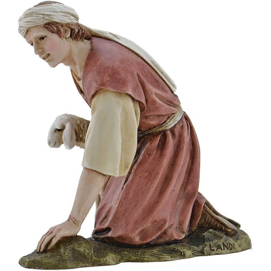 Shepherd kneeling with lamb Landi Moranduzzo 15 cm in resin