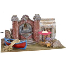 Setting with current-operated fountain, fisherman's boat and