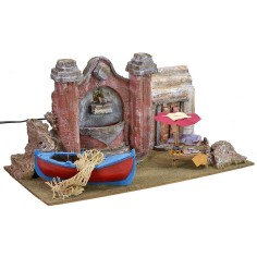 Setting with fountain running on current, boat from 2