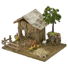 Granero con gallinero y gallinas con pollitos de 19x15x16 cm h 2