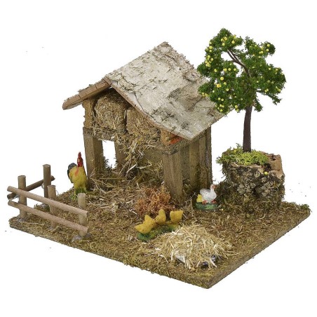Barn with chicken coop and hens with chicks cm 19x15x16 h