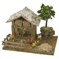 Barn with chicken coop and hens with chicks cm 19x15x16 h