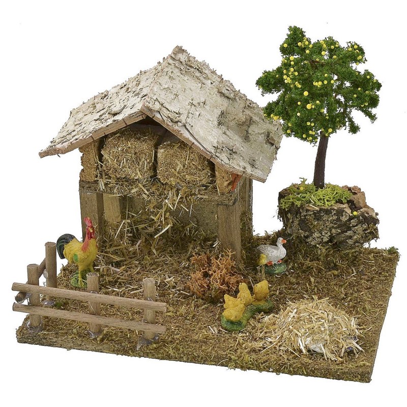 Barn with chicken coop and hens with chicks cm 19x15x16 h