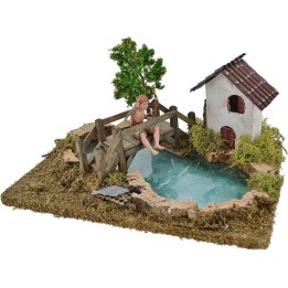 Pond with depth effect fisherman Landi, tree and house