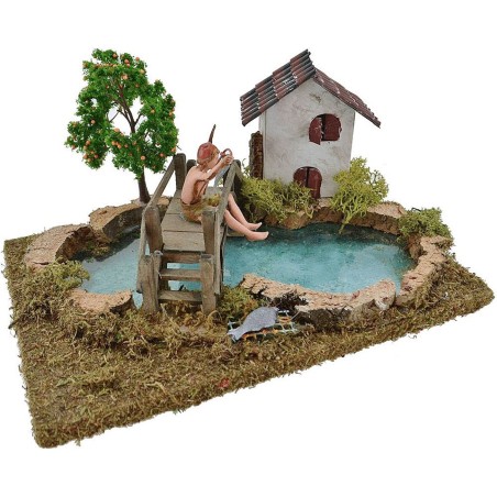 Pond with depth effect fisherman Landi, tree and house