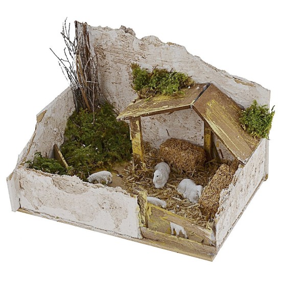 Sheepfold for nativity scene complete with sheep 20x14x13.5 cm h