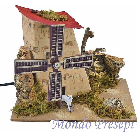 Molino de viento en funcionamiento para belén de 15x10x12 cm de altura. Mondo Presepi.