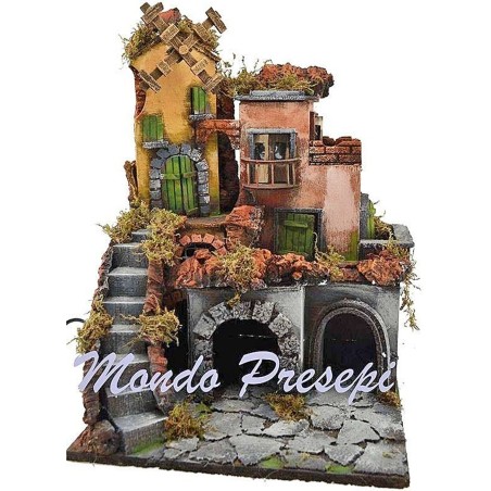 Nacimiento con pueblo iluminado y molino 30x30x40 h. Mondo Presepi