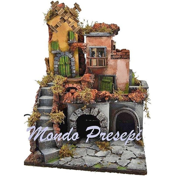 Nativity scene with illuminated village and mill 30x30x40 h.