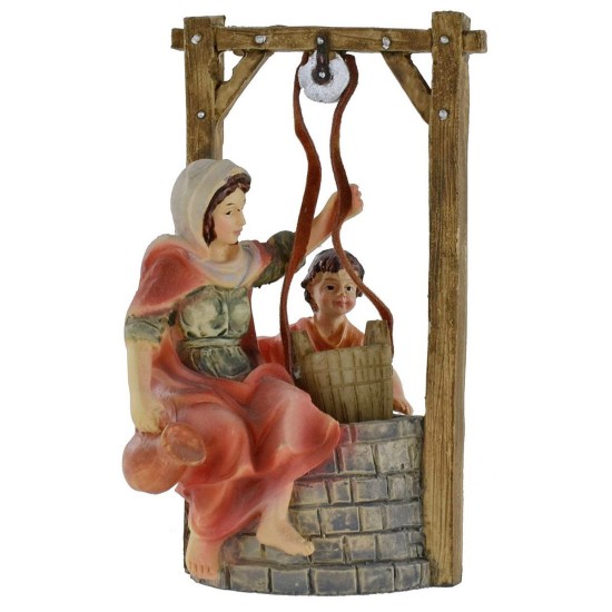 Donna con fanciullo al pozzo serie 10 cm in resina Mondo Presepi
