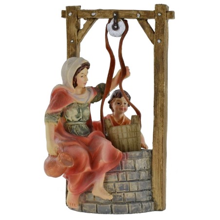 Donna con fanciullo al pozzo serie 10 cm in resina Mondo Presepi