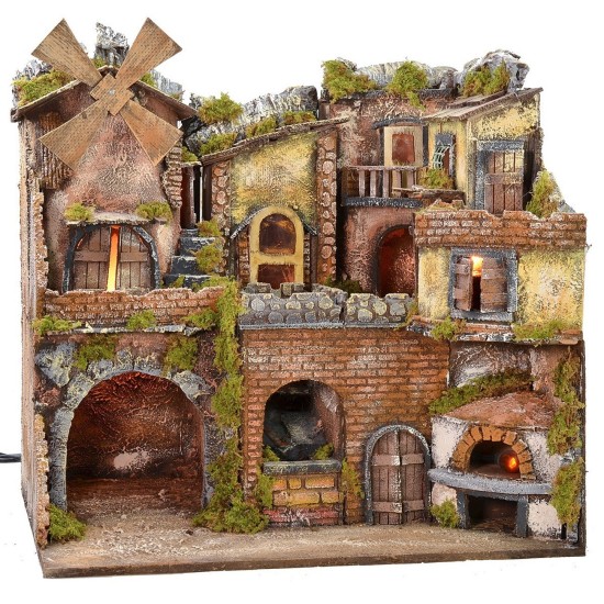 Borgo napolitano iluminado con horno, molino de viento y cascada.