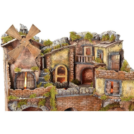 Illuminated Neapolitan village with oven, windmill and waterfall