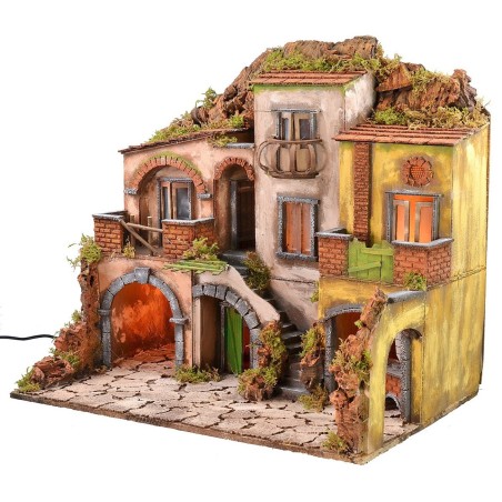 Neapolitan village illuminated with fire 700 style cm 60x40x56 h