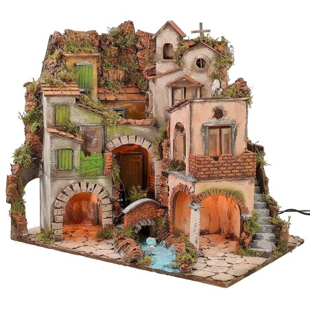 Neapolitan village illuminated with 18th-century style mill cm 60x40.5x64