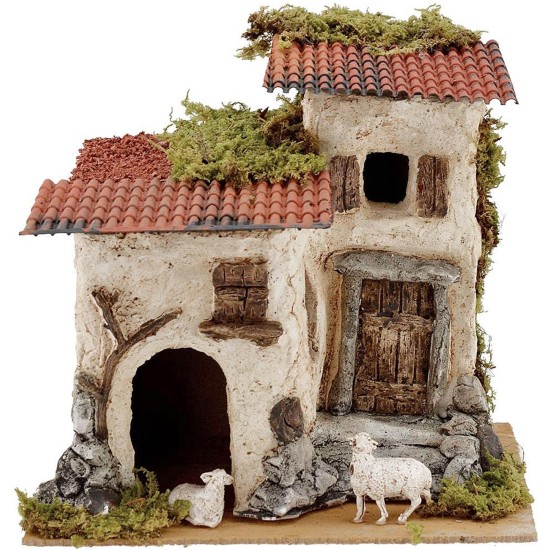 Casa rústica con ovejas de 24x19x22 cm de altura. Mondo Presepi.
