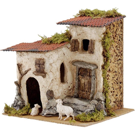 Casa rústica con ovejas de 24x19x22 cm de altura. Mondo Presepi.