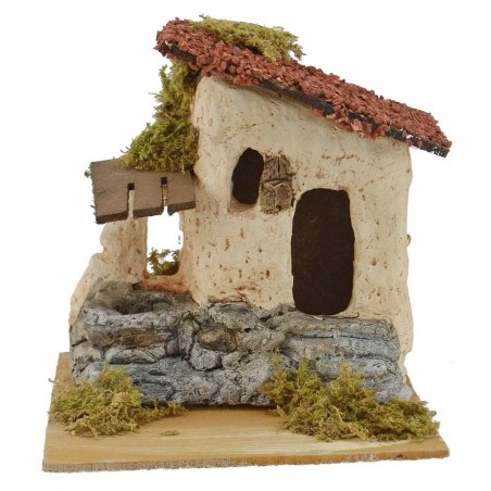 Casa in resina con scala e pozzo per presepe cm 15x15,5x15 h